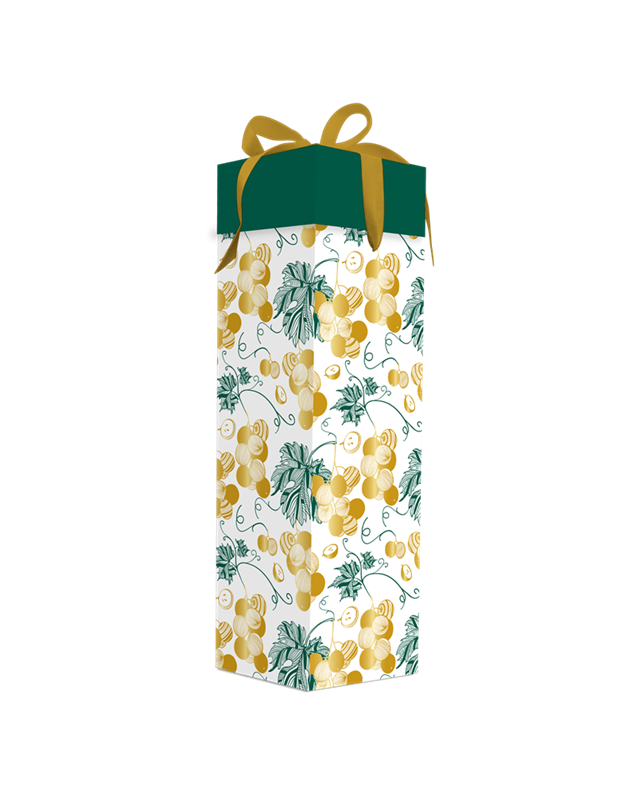 Boîte cadeau bouteille motif raisin doré – luxe 350g/m² (x25)