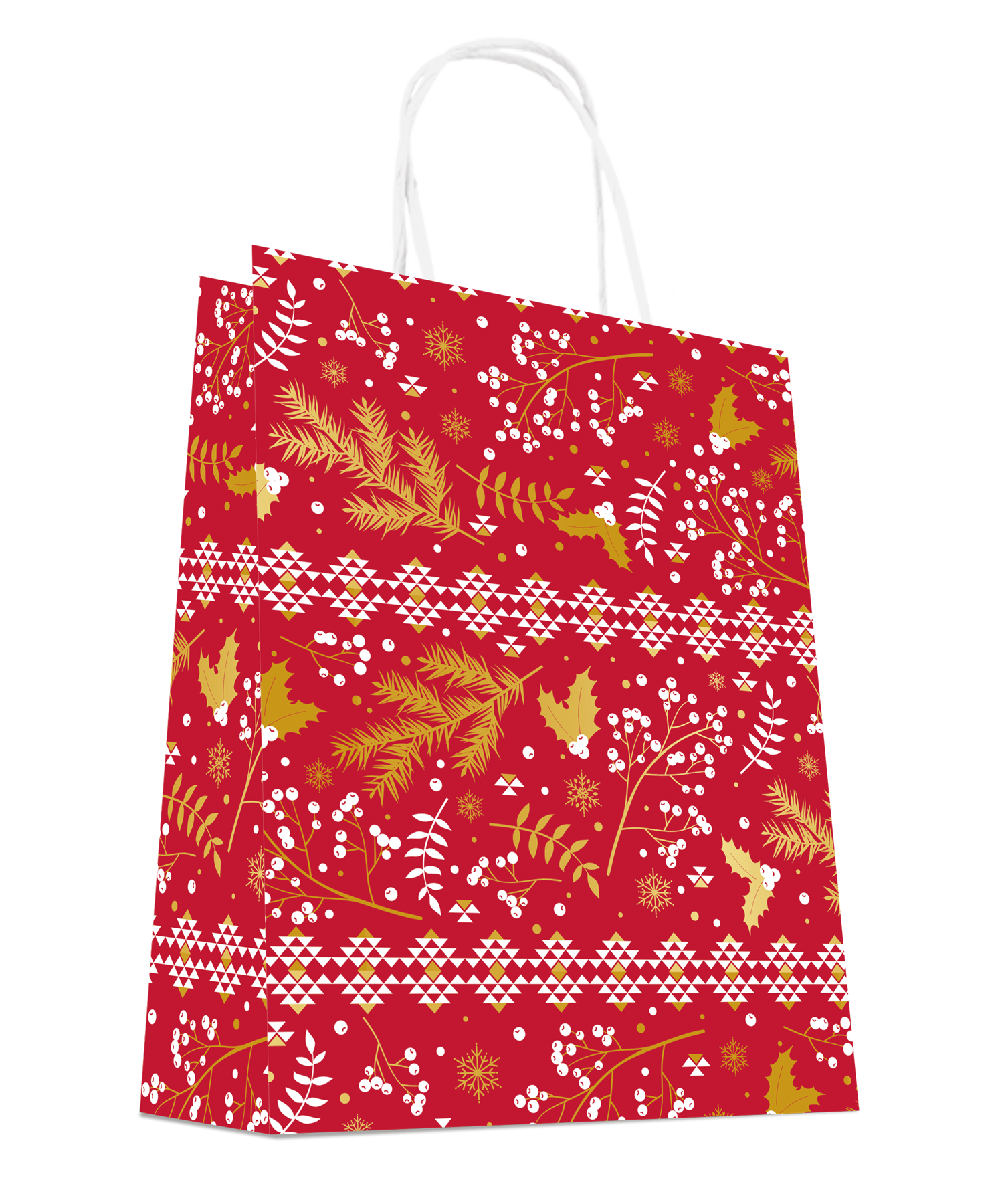 Sacs kraft Noël rouges à motifs feuillages dorés x50