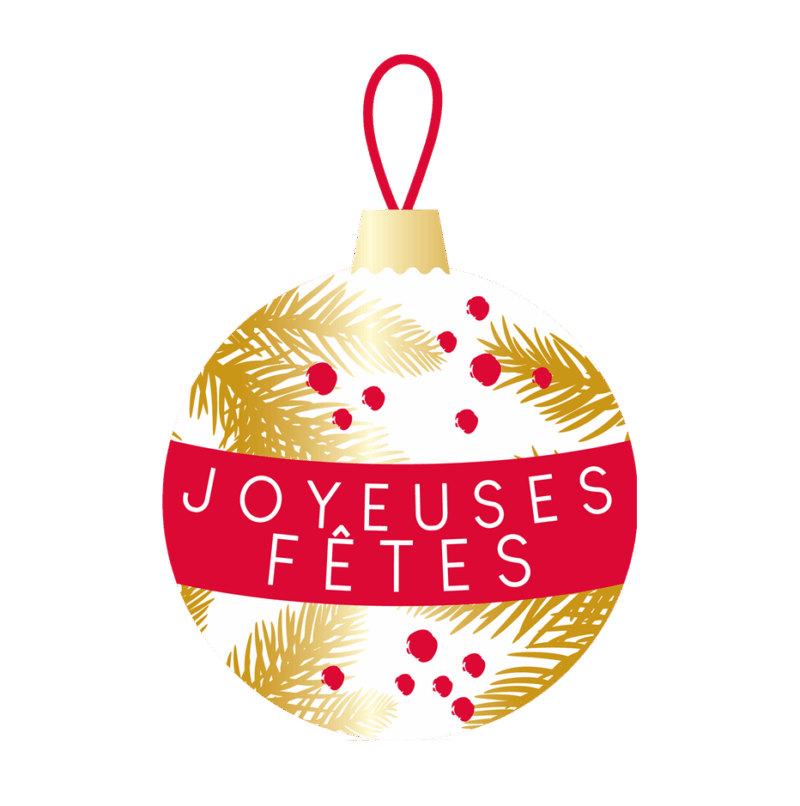 Étiquettes “Joyeuses Fêtes” boule rouge et or x500